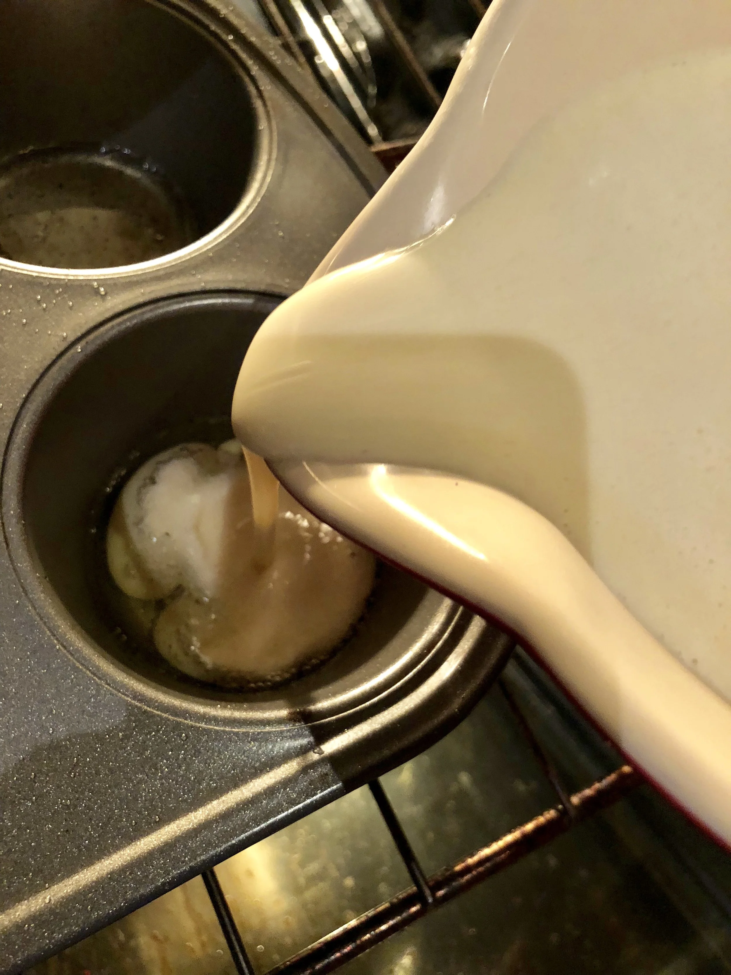 Poring the batter into smoking hot pan and oil makes the perfect Yorkshire Pudding!