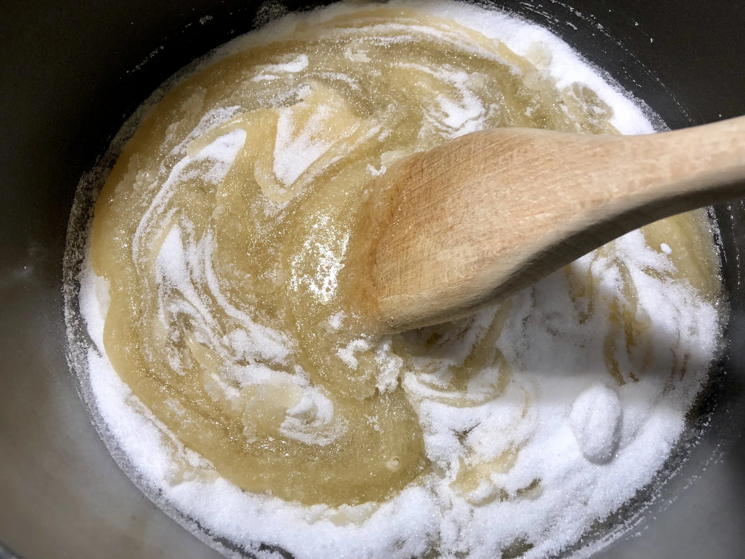 Starting out the honey and sugar together over low heat. 