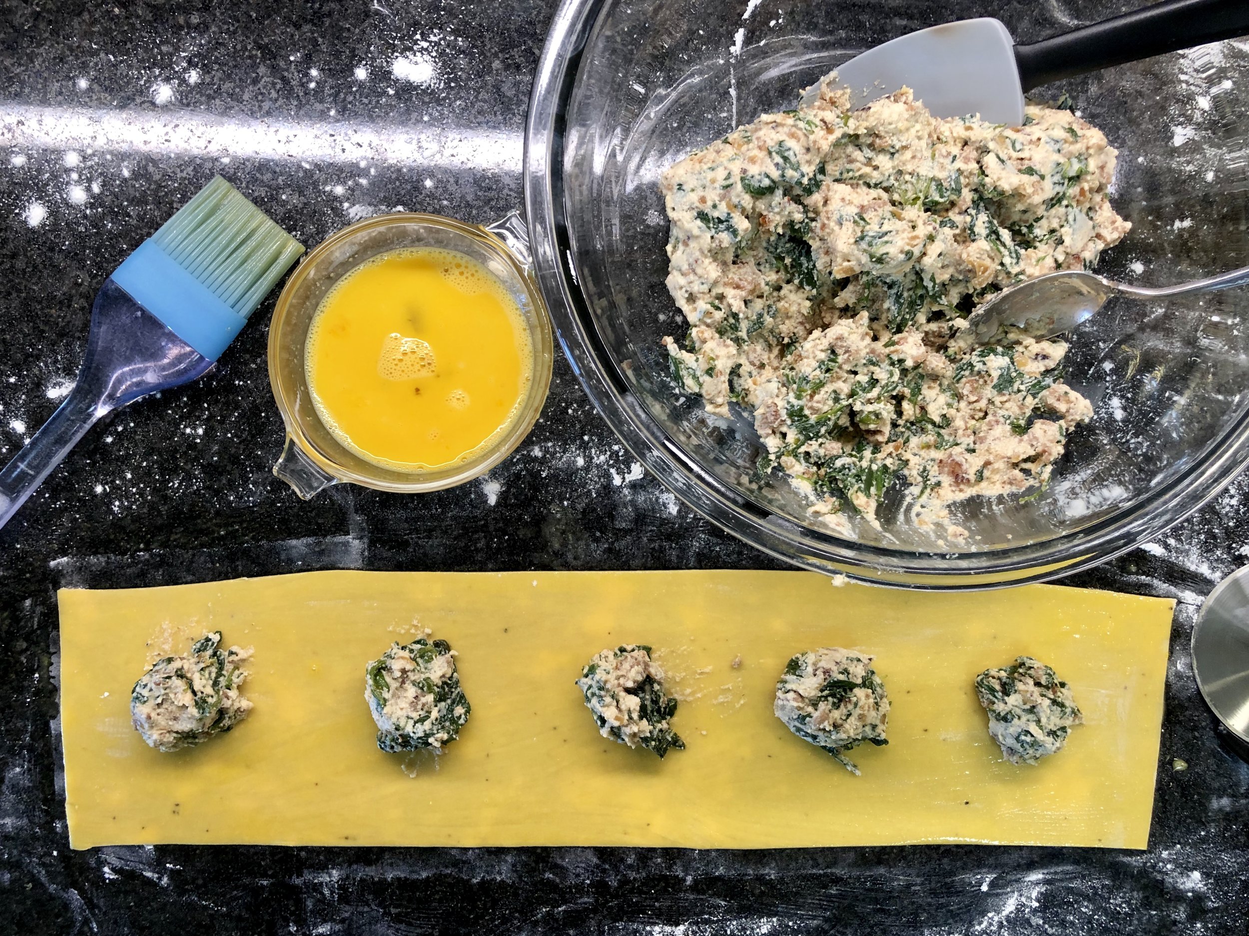 Spacing out the filling for the “traditional” way of making ravioli
