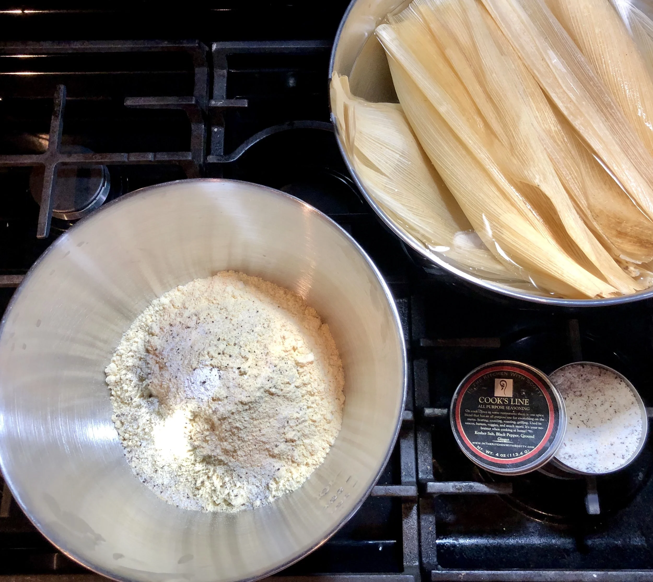 Masa Harina dough mixture, soaking corn husks, and Cook’s Line Seasoning for the win!