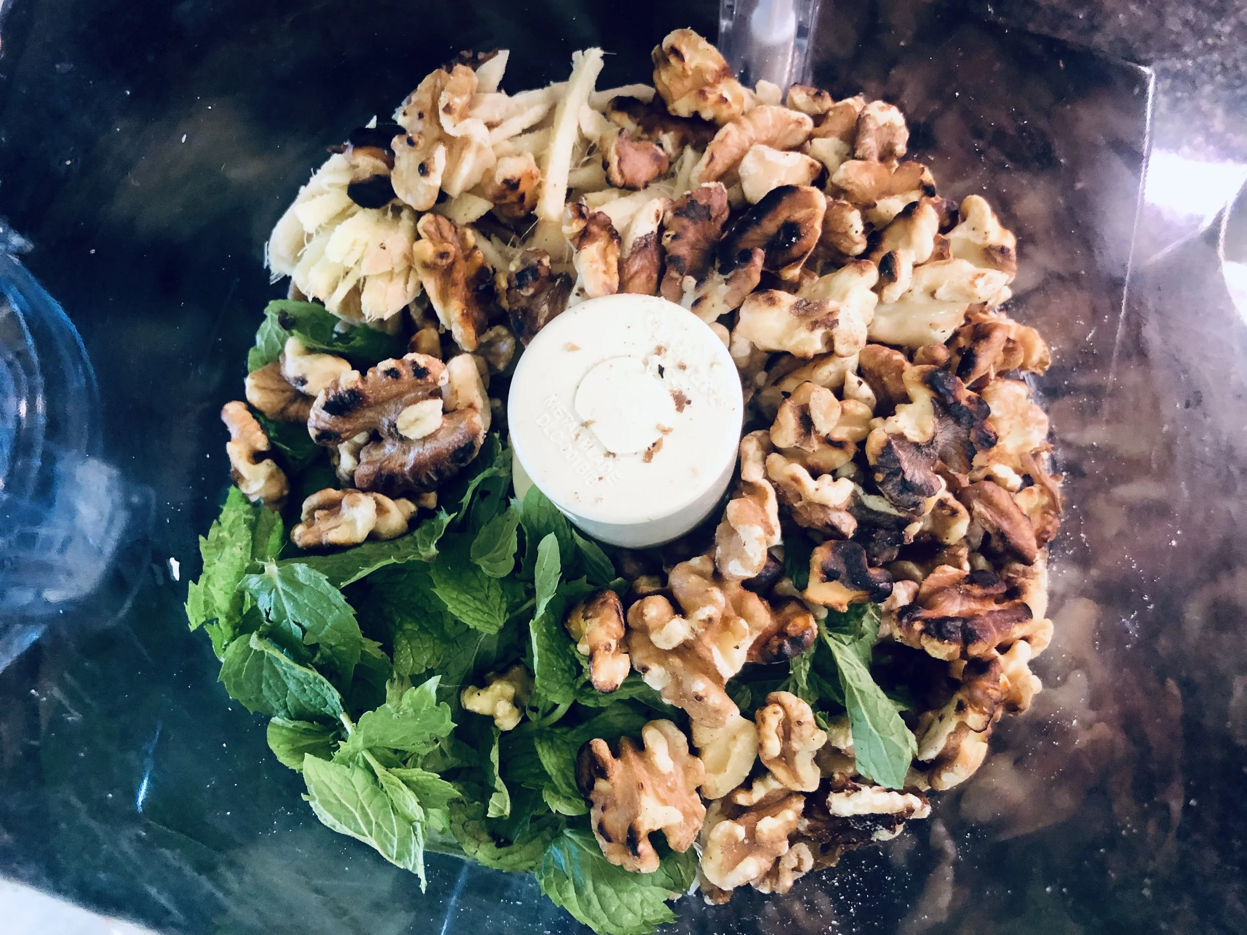 Fresh ginger, toasted walnuts, fresh mint, lemon zest and juice, for a perfect pesto base!