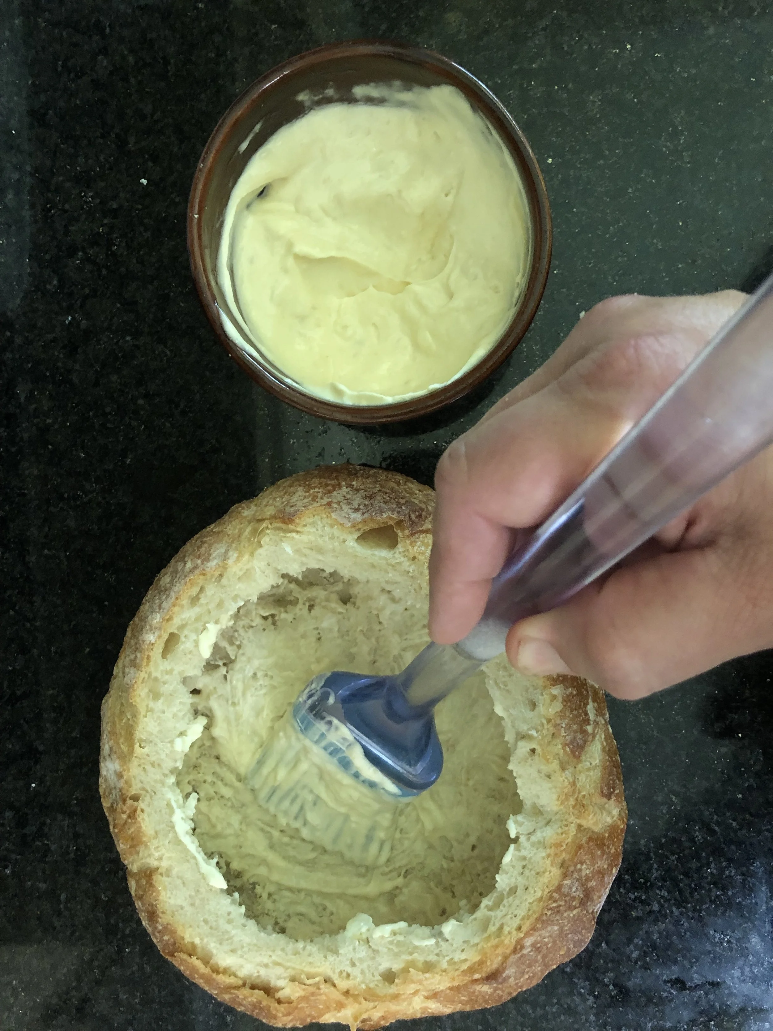 Paint the inside of your bread bowl with Dijonnaise Horseradish.