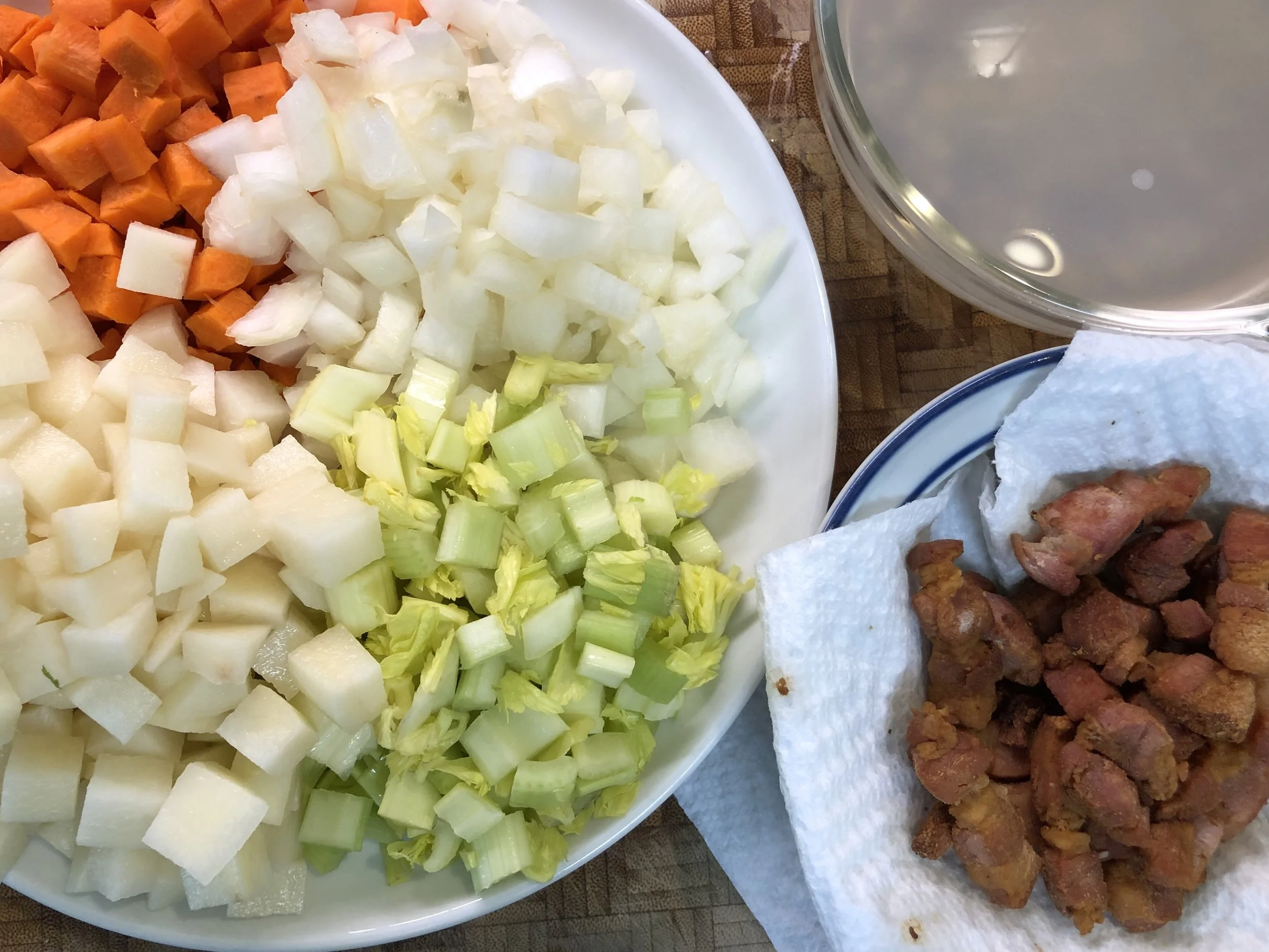 Hard cooked salt pork, and vegetables for the chowder.