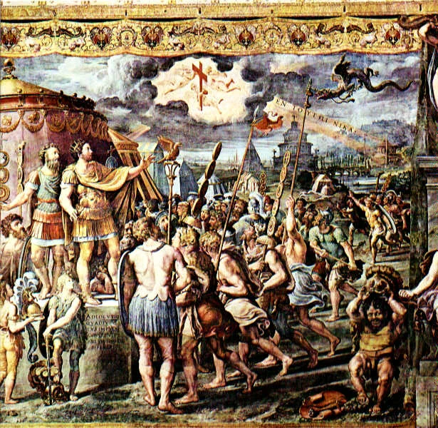 Detail from The Vision of the Cross by assistants of Raphael, depicting the vision of the cross and the Greek writing "Ἐν τούτῳ νίκα" in the sky, before the Battle of the Milvian Bridge. By http://www.christusrex.org/www1/stanzas/0-Raphael.html, Public Domain, https://commons.wikimedia.org/w/index.php?curid=931511