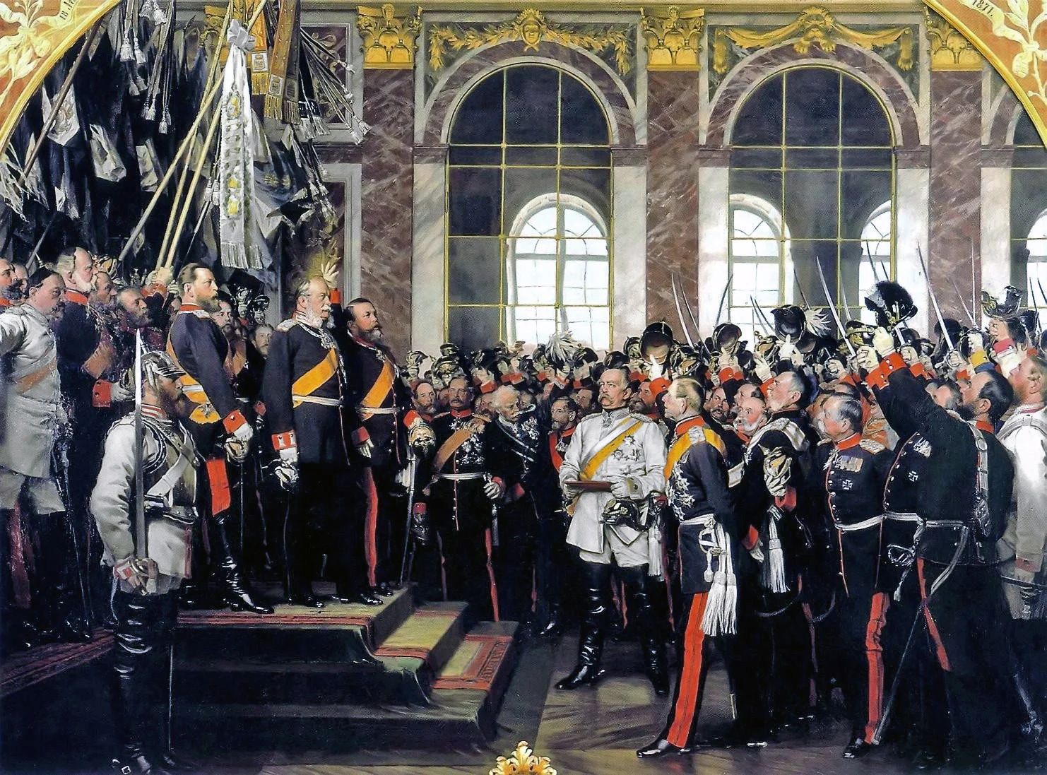 The acclimation of the Kaiser in the Hall of Mirrors Von Anton von Werner - Museen Nord / Bismarck Museum: Picture, Gemeinfrei, https://commons.wikimedia.org/w/index.php?curid=2481294