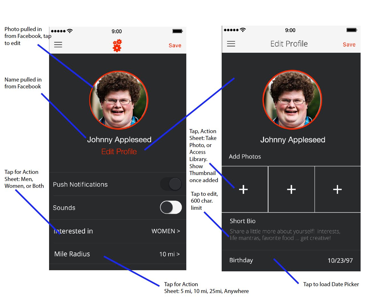 Simple specs that were sent to engineering to insure that functionality would be spot on.