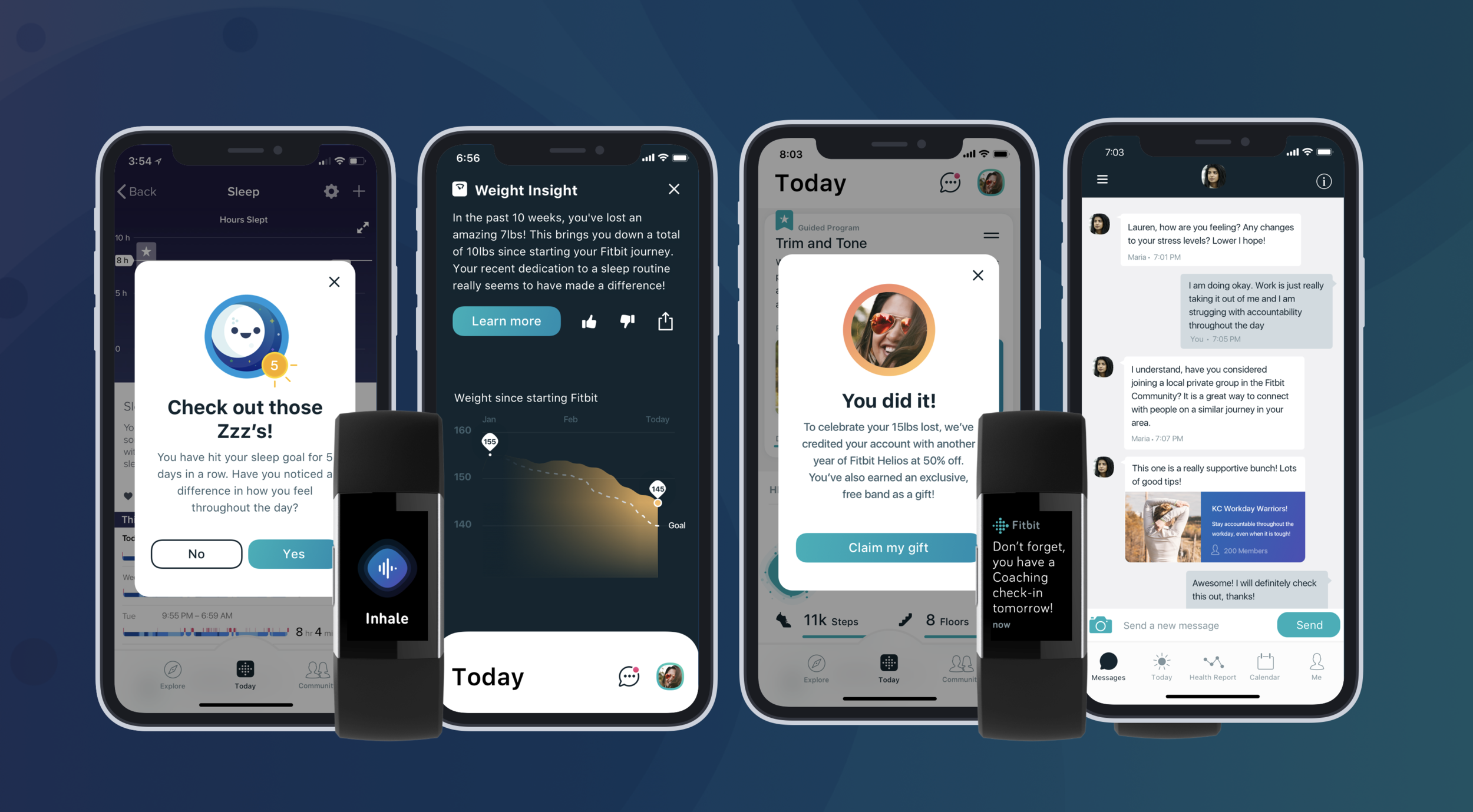 A handful of screens from the 6 month user journey.
