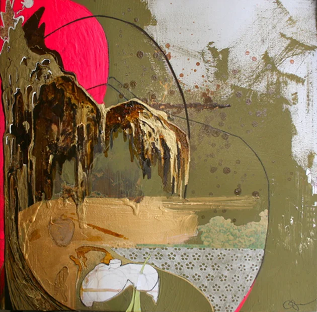    For Freedom's Sake&nbsp;    (The Great Divorce) ;&nbsp; latex paint, acrylic, shellac, gold dust,&nbsp;printed materials on canvas;&nbsp;80 x 80cm;&nbsp;2010  