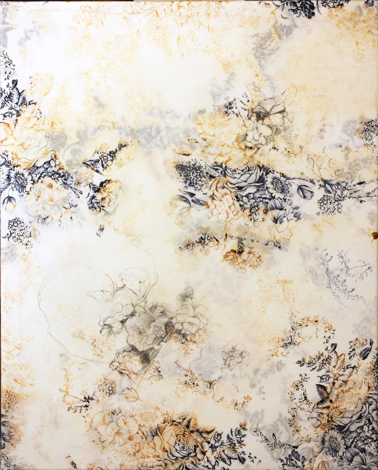     GuìHuā&nbsp;    /  Sweet Osthmanthus&nbsp; (Chinese Poetry &amp; ShanShui); bleach, coconut oil, graphite on printed cotton fabric ; 16&nbsp;x 20in; 2014   