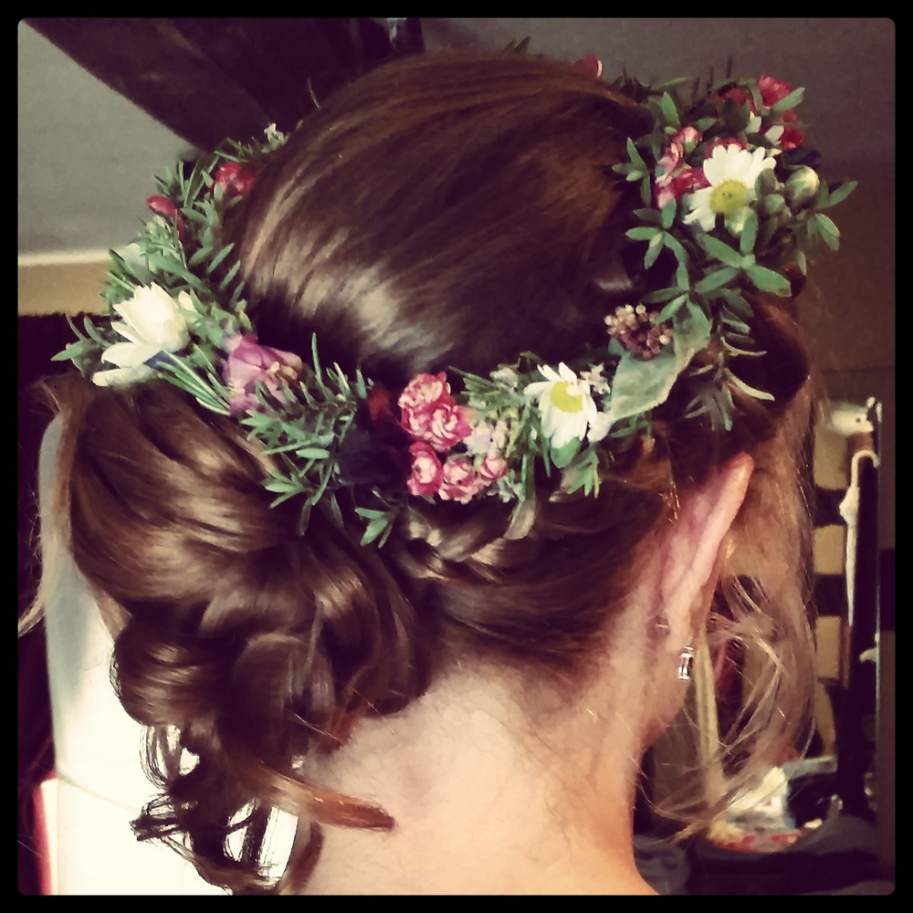 Relaxed side updo and stunning flower halo for Helen's country wedding