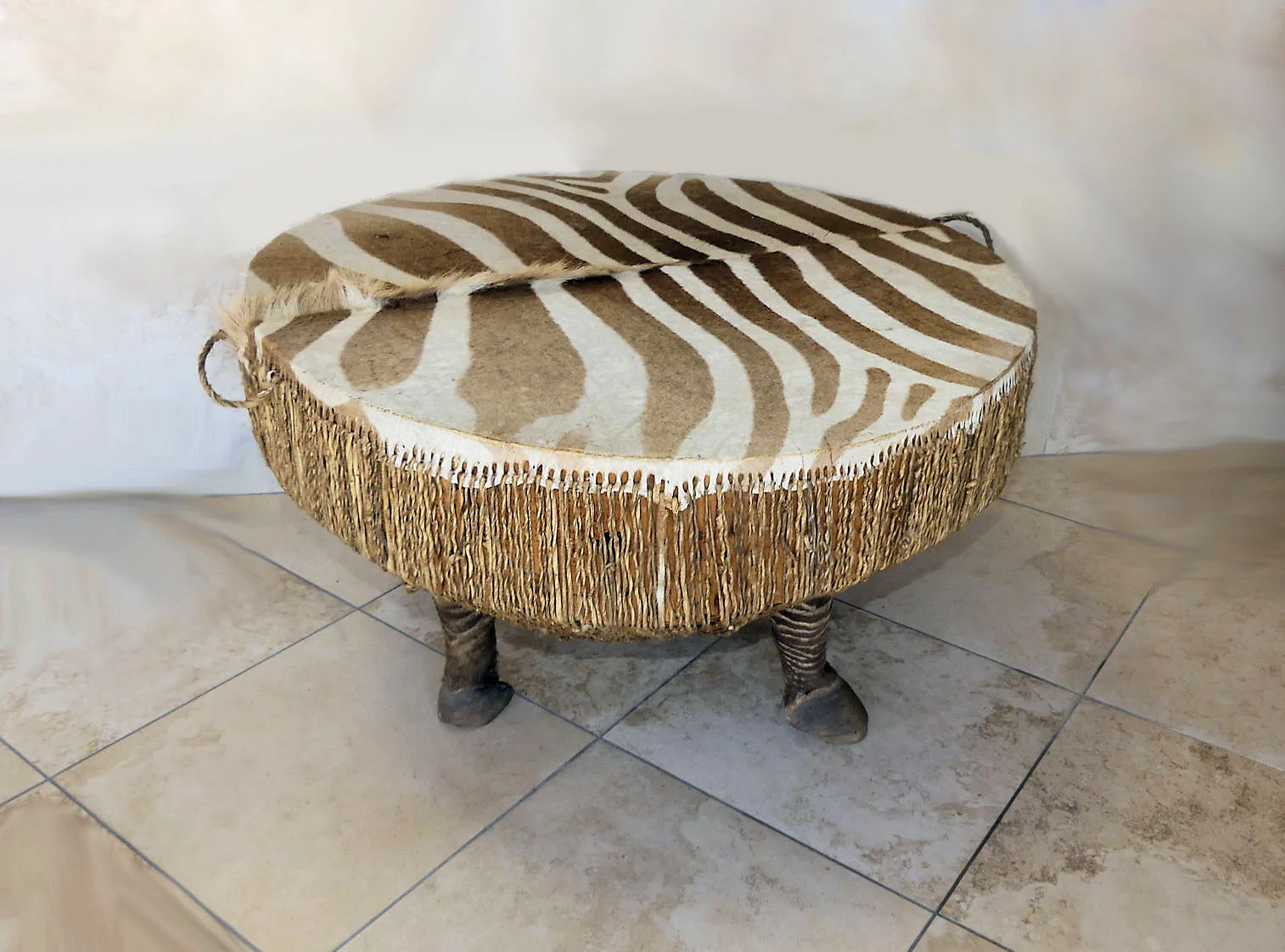 SOLD African Zebra Hide Drum Table