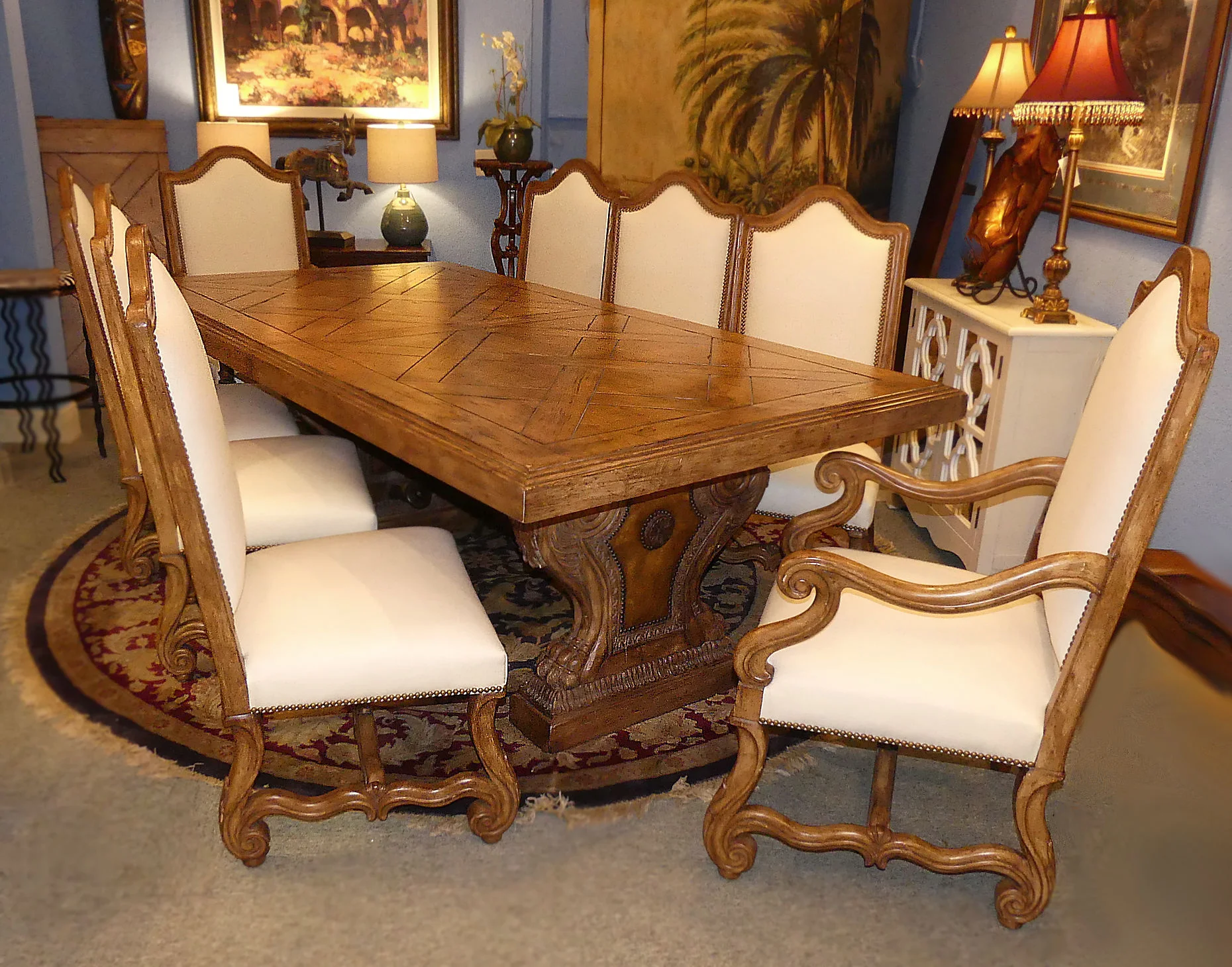 SOLD Ferguson Copeland Highlands Dining Room Set Trestle Base Table plus 8 Off White Linen Chairs