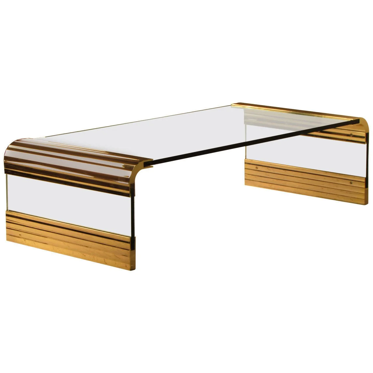 SOLD Leon Rosen for The Pace Collection Scalloped Brass and Glass Waterfall Cocktail Table