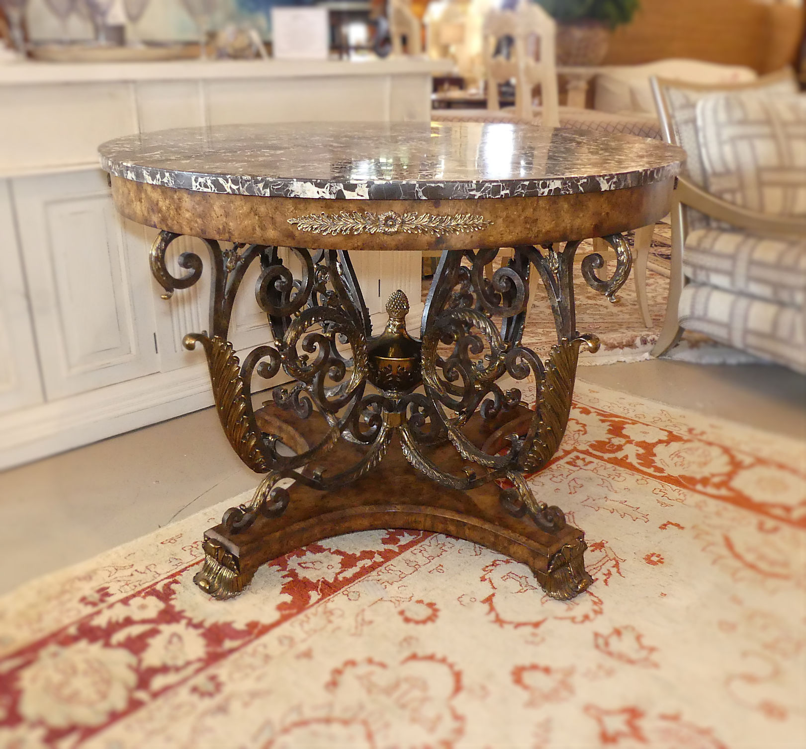 SOLD Maitland Smith Burl Wood and Iron Center Table with Marble Top and Brass Mounts