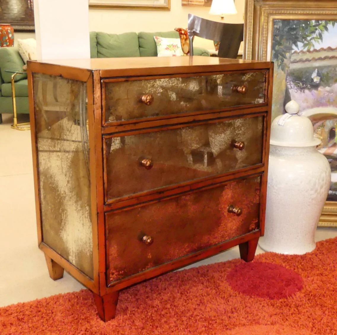 SOLD CR Currin Mirrored Chest in Copper New - Showroom Display Mode