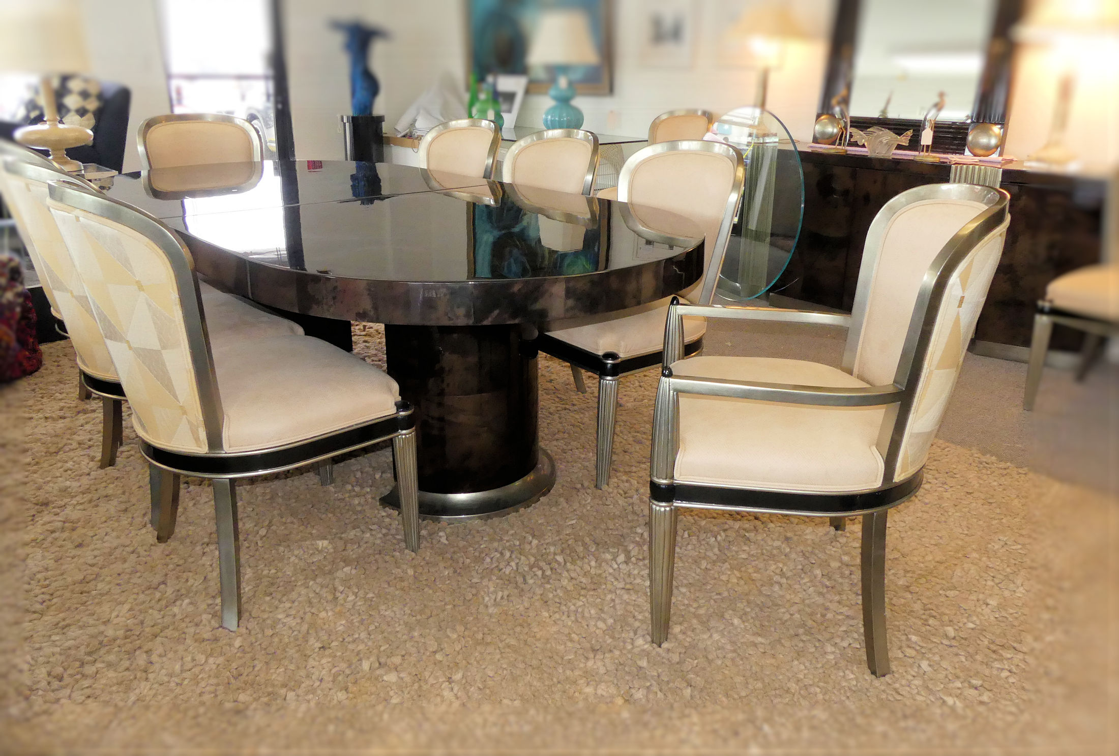 SOLD Jimeco Lacquered Goatskin Dining Set - Made in Colomba Table plus 10 Chairs