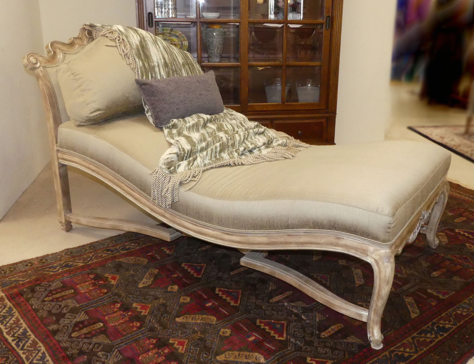 SOLD French Transitional Silk Upholstered Chaise Lounge