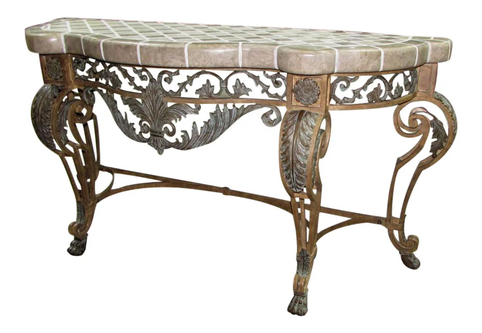 SOLD Maitland Smith Tiled Stone Top Iron Console Table