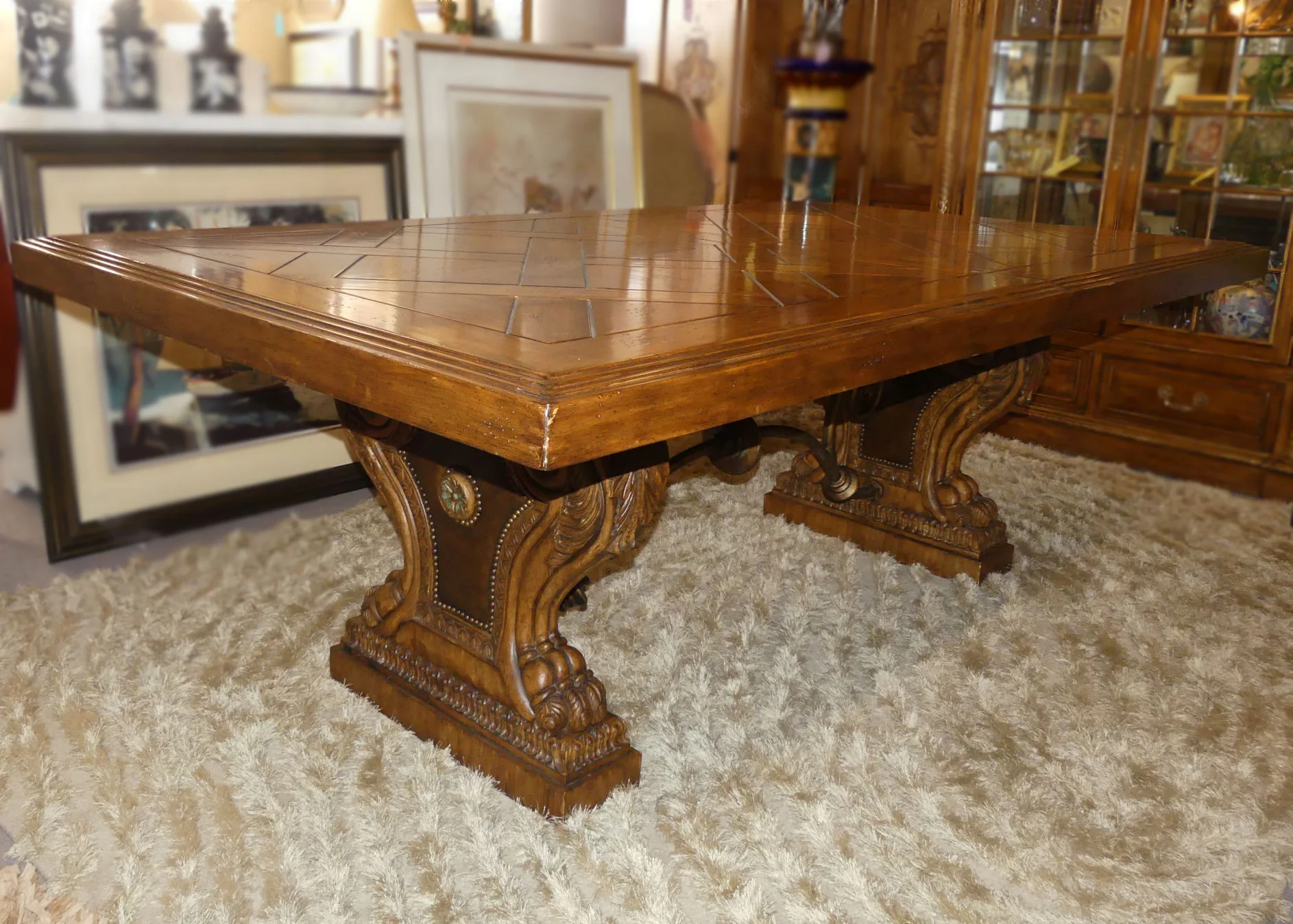 SOLD Ferguson Copeland Highlands Trestle Base Dining Table w 2 Leaves (no chairs)
