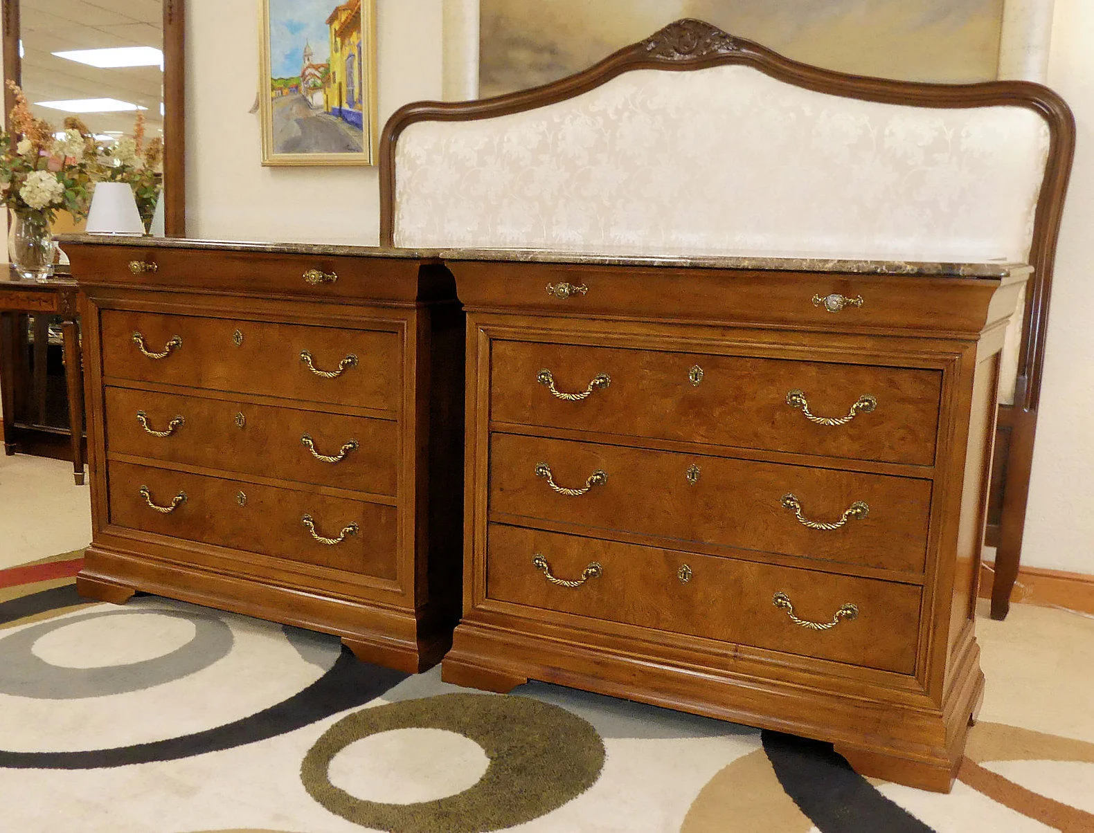 SOLD Pair of 2 Thomasville Marble Top Bachelors Chests or Nightstands with Burl Wood Drawer Fronts