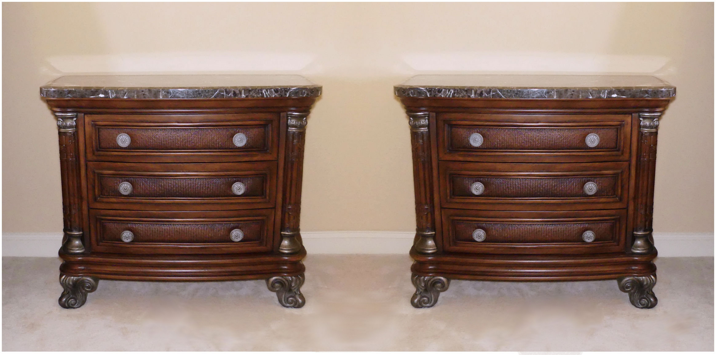 SOLD Pair of 2 Collezione Europa Marble Top Nightstands with Rattan Accents