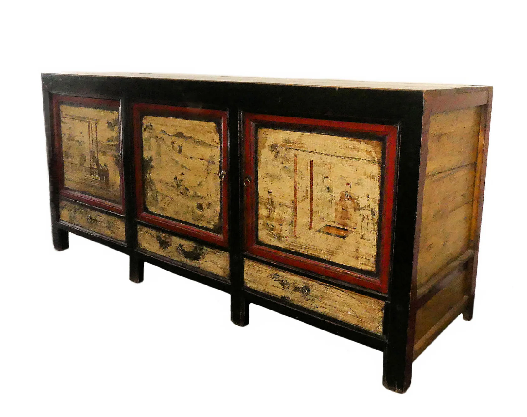 SOLD Rustic Paint Decorated Asian Chinoiserie Credenza