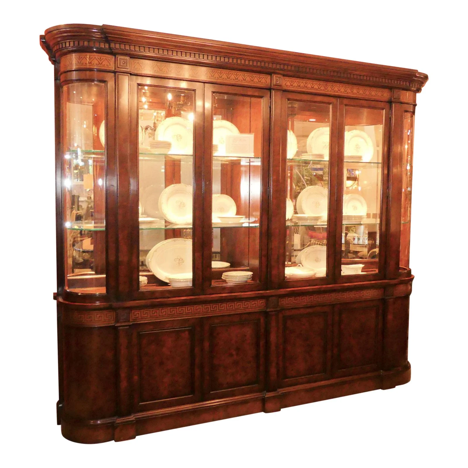 SOLD Traditional Walnut Burl Wood Lighted China Cabinet with Greek Key Inlay