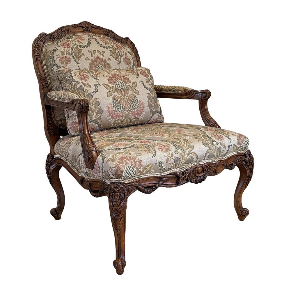 French Louis XV Bergere Chair + Vintage Damask Upholstery