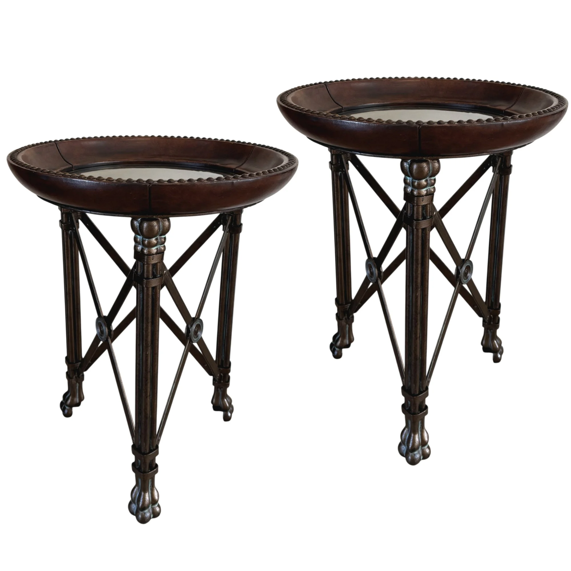 Pair - Maitland Smith Leather and Iron Regency Side Tables
