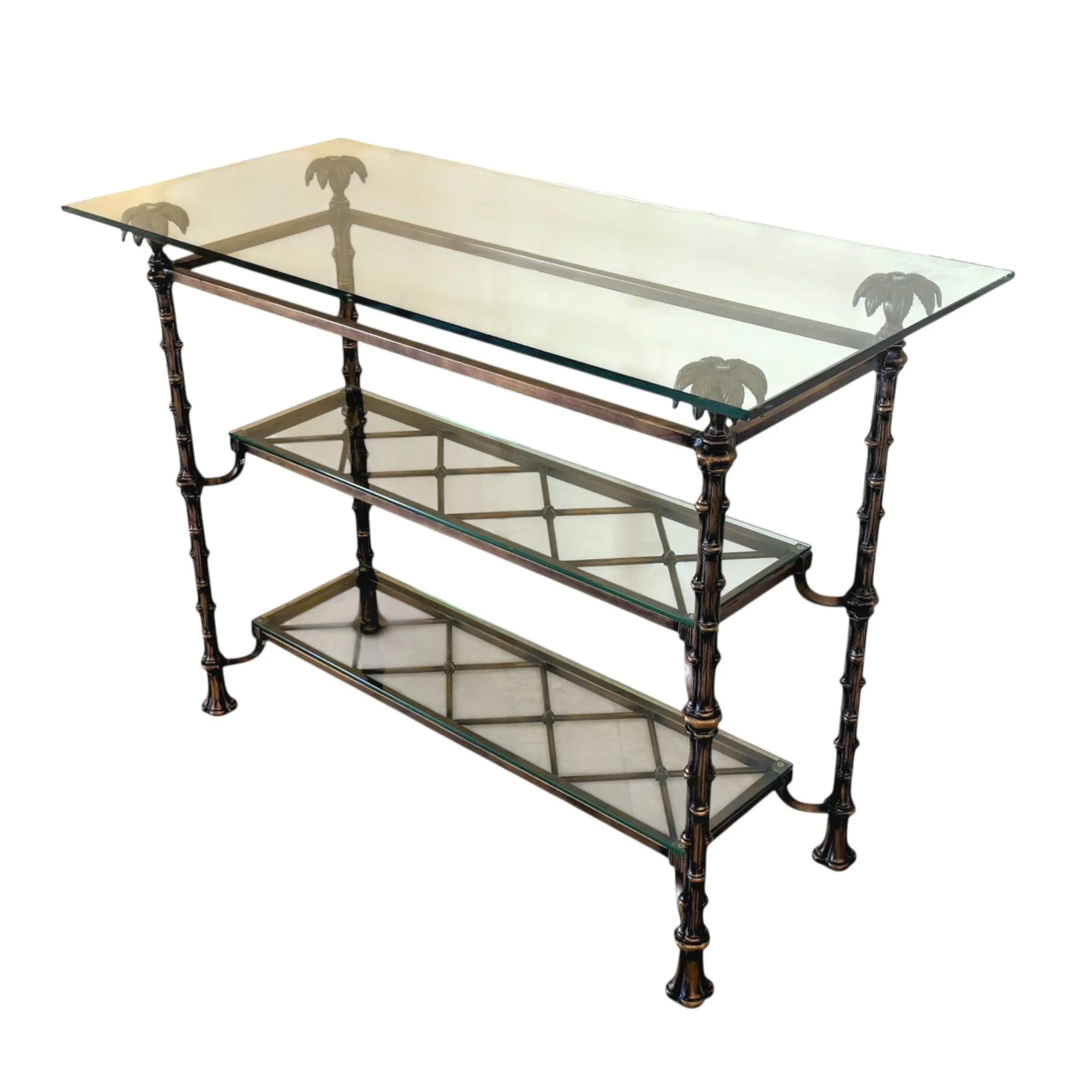 hollywood-regency-bronzed-iron-metal-faux-bamboo-3-tier-console-table-palm-tree-finial-accents-glass-shelves 03SP.jpg