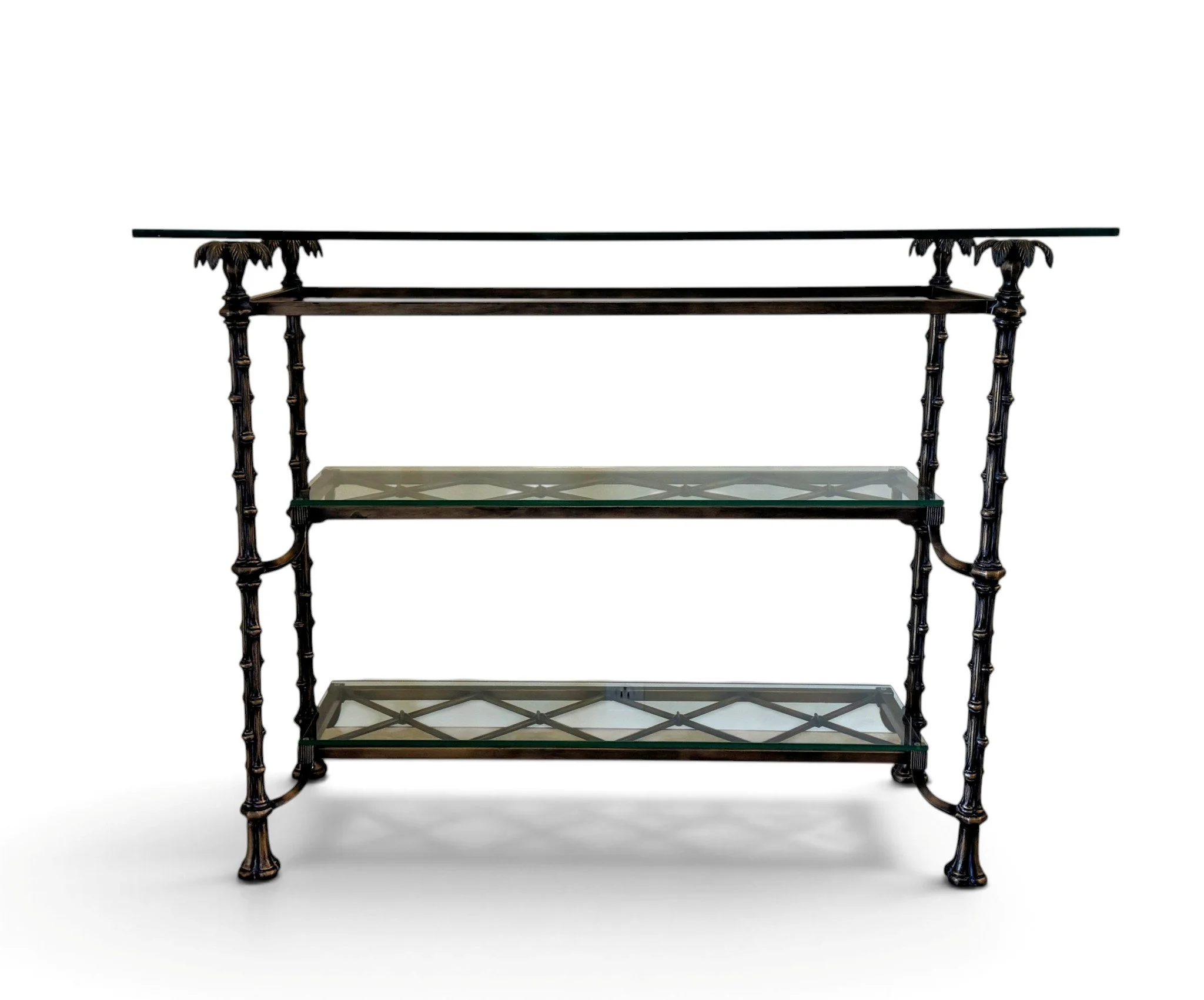 hollywood-regency-bronzed-iron-metal-faux-bamboo-3-tier-console-table-palm-tree-finial-accents-glass-shelves 02-SH.jpg