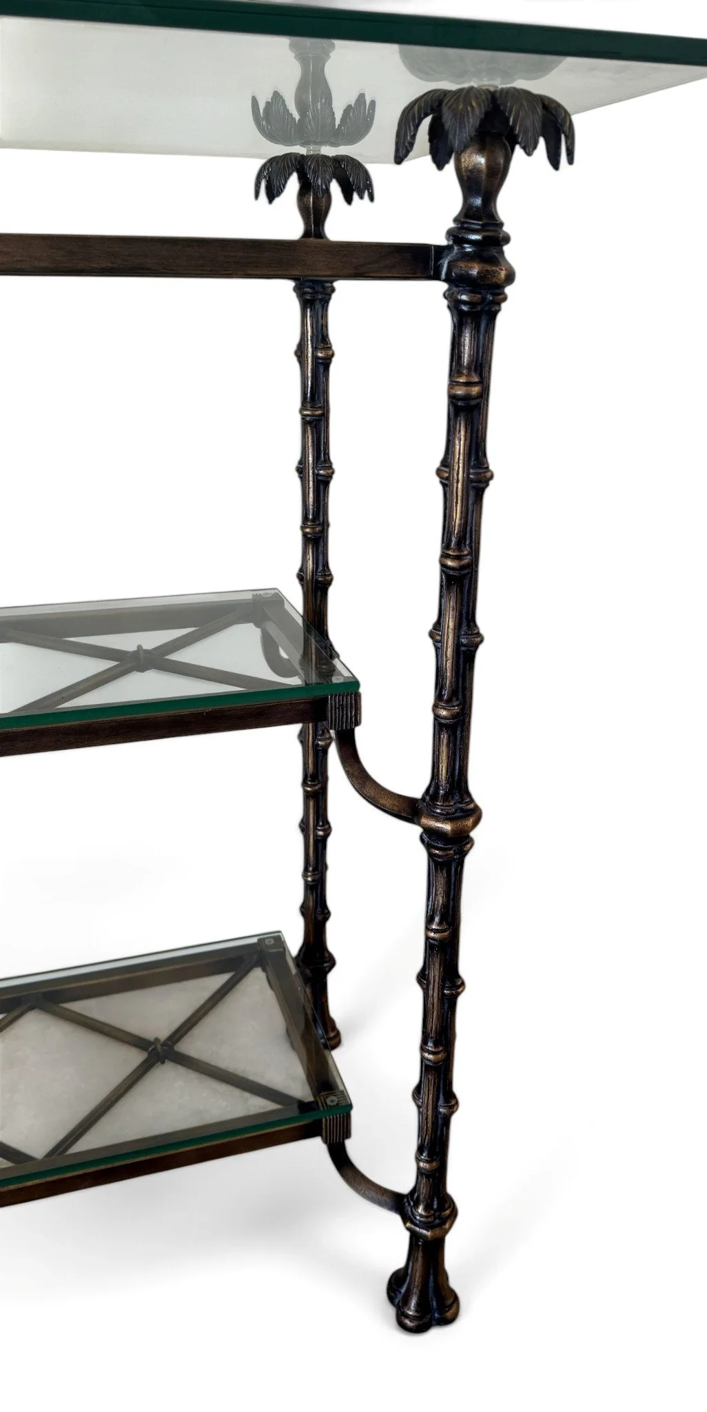 hollywood-regency-bronzed-iron-metal-faux-bamboo-3-tier-console-table-palm-tree-finial-accents-glass-shelves 05-SH.jpg