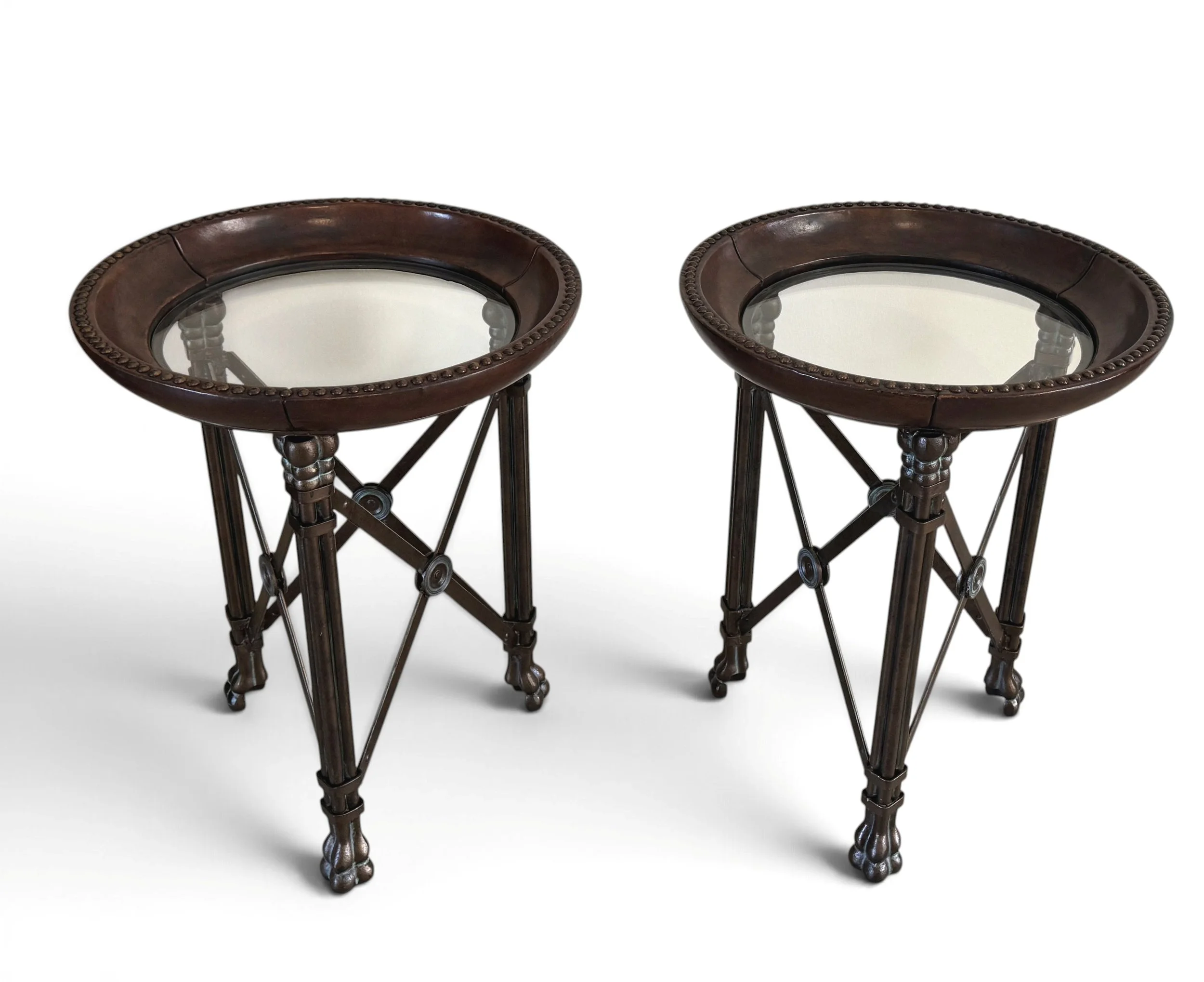 maitland-smith-leather-iron-brass-bronze-patina-regency-style-round-side-end-tables-nightstands 04-sh.jpg