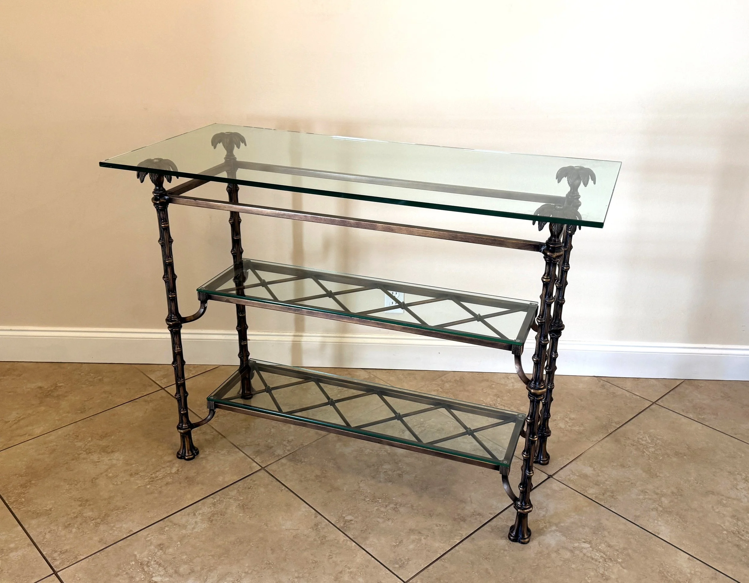 hollywood-regency-bronzed-iron-metal-faux-bamboo-3-tier-console-table-palm-tree-finial-accents-glass-shelves 01.jpg
