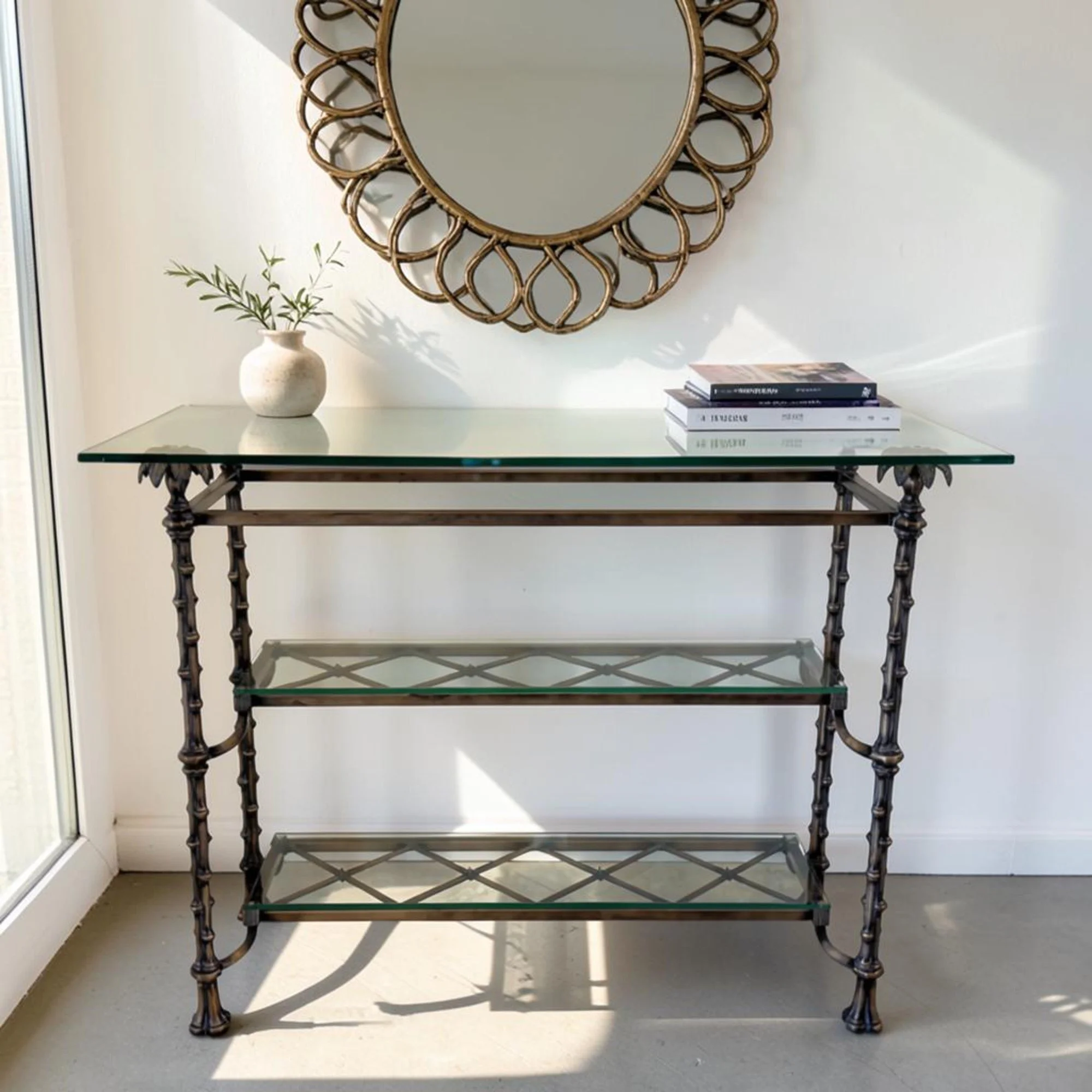 hollywood-regency-bronzed-iron-metal-faux-bamboo-3-tier-console-table-palm-tree-finial-accents-glass-shelves room01.jpg