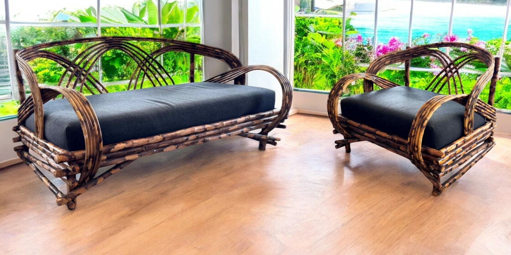 vintage-boho-5-strand-tortoise-shell-bent-rattan-bamboo-lounge-chair combo fb in a sunroom with windows and sunlight with a tropical garden and flowers outside with the ocean off in the distance.jpg