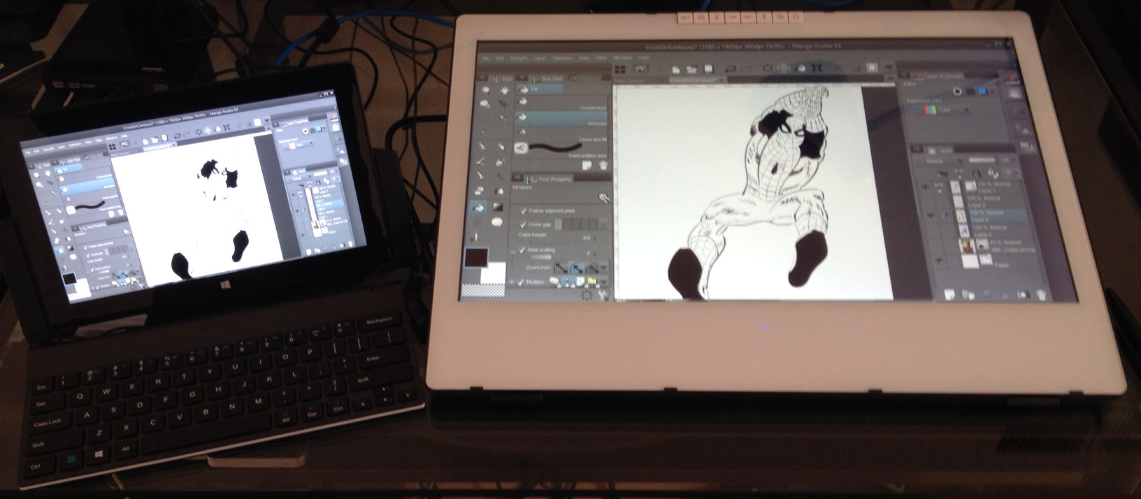 Connecting the Surface Pro 2 with the just arrived docking station was just as effortless. No special driver means the SP continues working as is, allowing finger pan, zoom, rotate with the left hand while painting with the right.