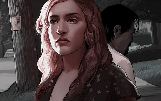 Illustration by Owen Freeman of Kate Winslet and Josh Brolin in a new movie directed by Jason Reitman for The New Yorker magazine . See more of Owen's work at his blog