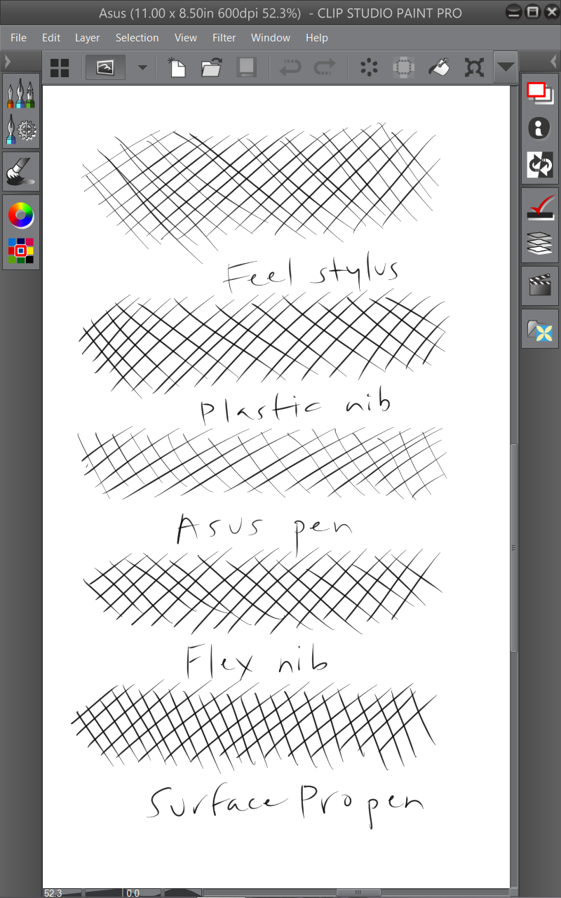 Working at 600 dpi resolution to test the different pens and nibs. Each crosshatch was drawn at pixel size. The picture above is zoomed out to show each pen I tested. The Wacom TabletPC pen with plastic nib and the Surface Pro pen gave the most consistent results. Notice how light the strokes are with the standard stylus (middle). The soft nib of the Feel stylus and the Flex nib on the Fujitsu pen tend to drag on the screen's coating, resulting in all the fish tails at the end of strokes.
