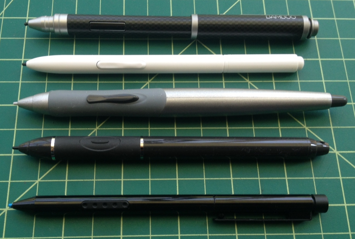 The Axiotron Studio Pen (center) is the largest tablet pc stylus I've tested. Its replacement, the white Modbook tablet pc pen is extremely generic and too light and small for my tastes. The closest pen still in production is the Motion Computing stylus (second from bottom), but its grip and single button are much smaller. The Wacom Bamboo Stylus Feel Carbon is pictured at the top and the standard Surface Pro pen is at the bottom.