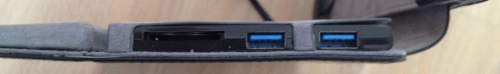 An SD card reader (left) and two USB 3.0 ports sit on the right side of the dock cover.