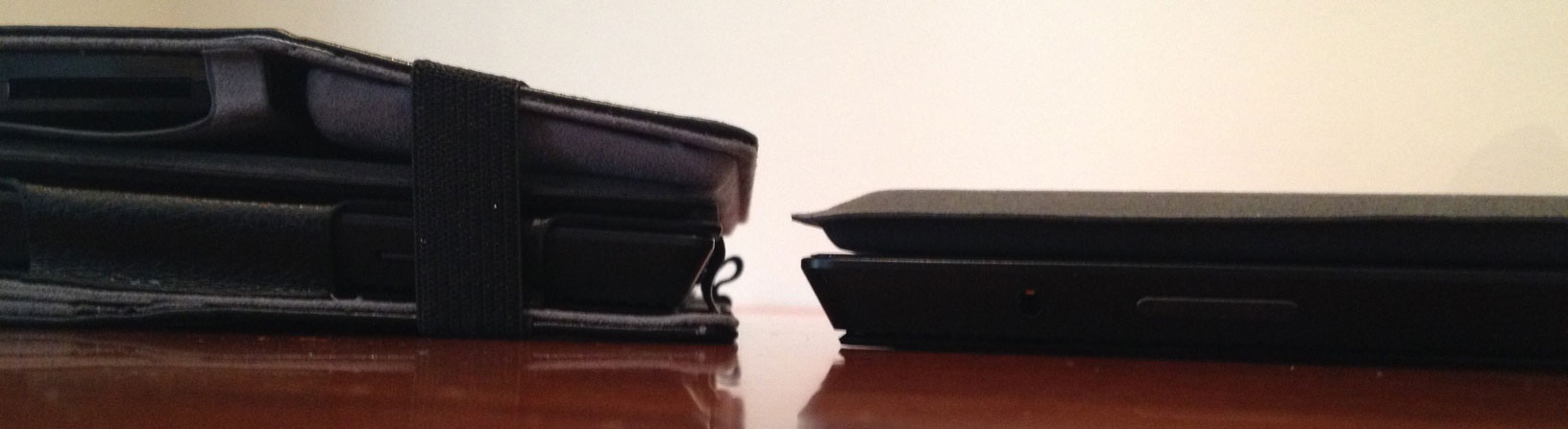 The strapped ProKASE with dock cover and type cover is slightly less bulky, especially compared to the Surface Pro with Power Cover (right).