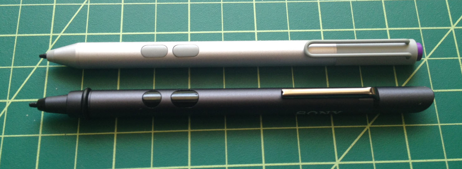 The dimensions of the new Surface Pro 3 pen are very similar to the Sony Active Pen (minus click end). The two pens are interchangeable, but neither offers replacement nibs. In response to this issue, Microsoft is considering marketing replacement nibs of different textures. I'll have more information on this as it becomes available. 