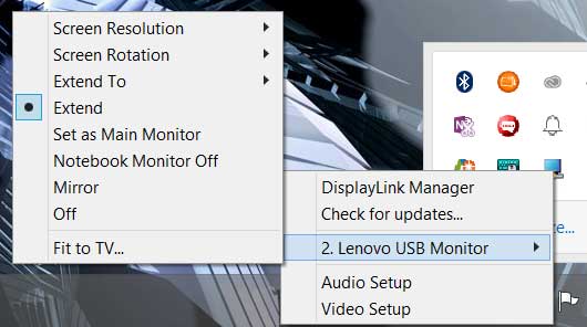 By default, the LT1423p is set to Extend your desktop. You can also set it as the main monitor or mirror displays. Power for both the laptop and USB monitors can be controlled here.