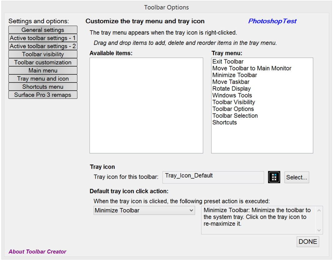 When loaded, Toolbar Creator generates a system tray item. Those menus can be edited in the Tray menu and icon window.