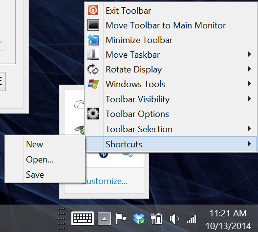 The shortcuts available in the tray menu can be edited in the Shortcuts menu window seen below.
