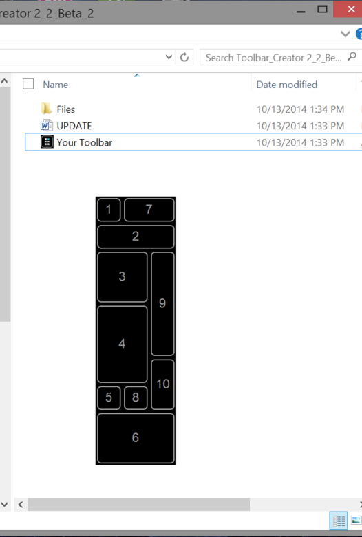 When you first run the utility, you get a blank toolbar with number buttons. This is the first of two sample toolbar layouts. You can drag this toolbar around by pressing and holding the 1 button in the upper left corner. The only other functional item is the 2 button, which loads up the program's main menu.