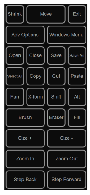This is the layout I created and called Photoshop Test. It consists of four columns by nine rows. One of the advantages of Toolbar Creator is that you can label your buttons directly, so dressing them with bitmaps can come later (if at all). Since I come from the Softimage mindset, I prefer a simple text button to a hard-to-decipher icon, but that's entirely up to you.