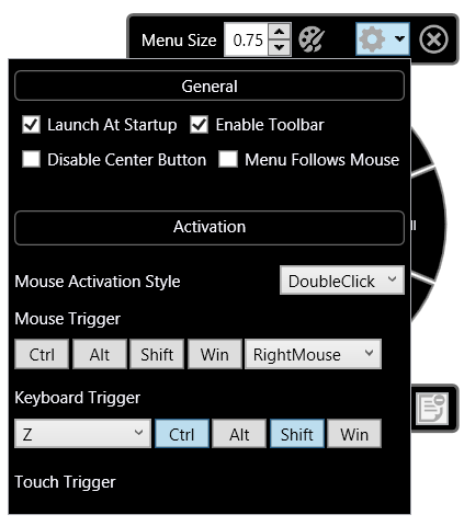 The RadialMenu's options are set in this window. Menu Follows Mouse attaches the menu to the pen cursor, although I had trouble reaching the commands in the right half of the pie with this option set. As a utility in development, RadialMenu still has some issues to be ironed out on various devices. I haven't been able to trigger the menu with a pen click alone on the Surface Pro 3. I use the keyboard trigger shown here (Ctrl-Shift-Z) and then tap to switch between the toolbar and radial menu.