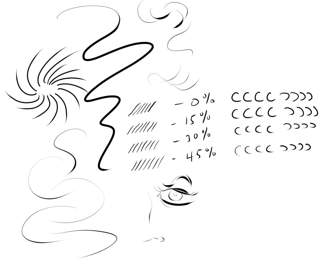 Slowly drawn diagonal lines require stabilization to be useful. This image from Clip Studio Paint shows the results for 0 - 45% stabilization. Pressure range is very good.